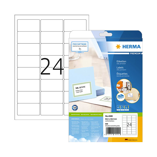 Herma Premium 4500 étiquettes d'adresse adhésives permanentes 63,5 x 33,9 mm (600 étiquettes) - blanc 4500 230405 - 1