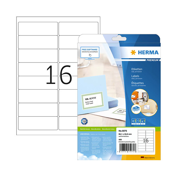 Herma Premium 5075 étiquettes d'adresse adhésives permanentes A4 99,1 x 33,8 mm (400 étiquettes) - blanc 5075 230412 - 1