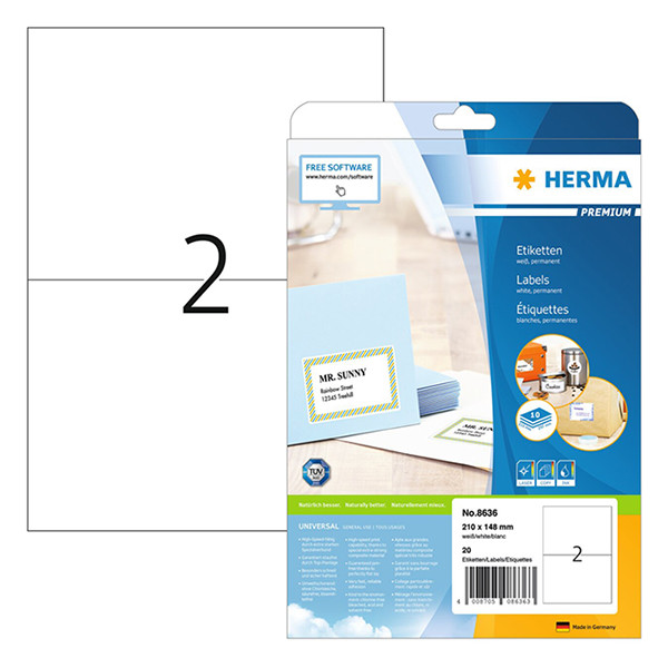 Herma Premium 8636 étiquettes adhésives permanentes A4 210 x 148 mm (20 étiquettes) - blanc 230541 - 1