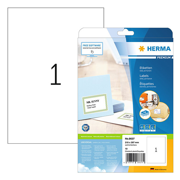 Herma Premium 8637 étiquettes adhésives permanentes A4 210 x 297 mm (10 étiquettes) - blanc 230542 - 1