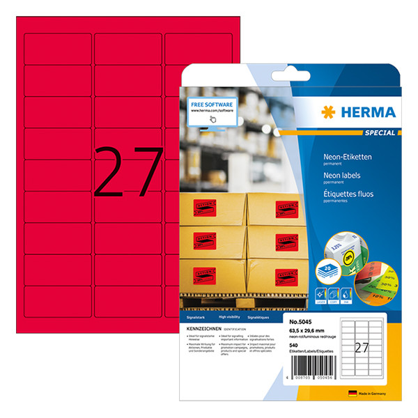 Herma Special 5045 étiquettes fluo adhésives permanentes A4 63,5 x 29,6 mm (540 étiquettes) - rouge fluo 5045 230522 - 1