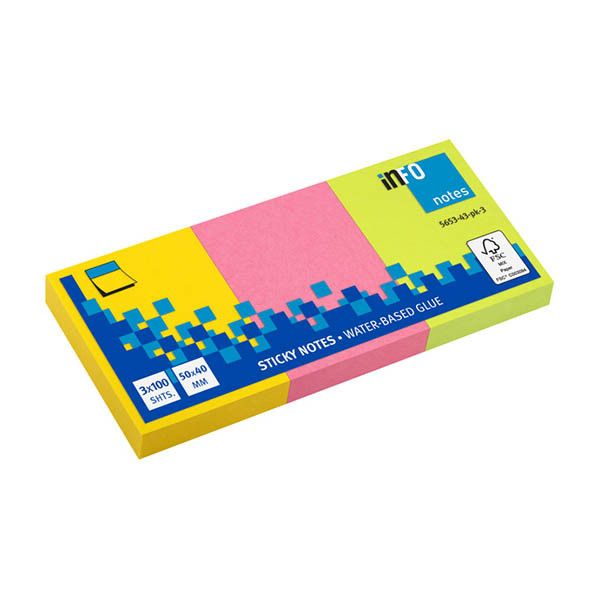 Info Notes notes autocollantes 50 x 40 mm assortiment de 3 couleurs (3 x 100 feuilles) 303195 - 1
