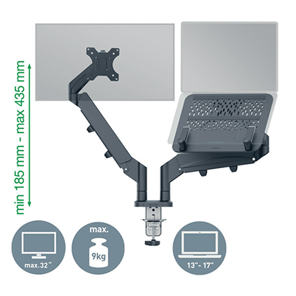 Leitz Ergo bras double pour écran et ordinateur portable à faible encombrement (avec pince et obturateur passe-câble) - gris foncé 65380089 226601 - 2