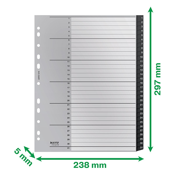 Leitz Recycle intercalaires A4 en plastique avec 31 onglets (11 trous) - noir 12180000 226473 - 4