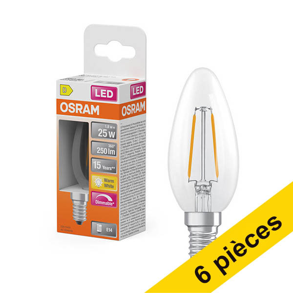 Offre : 6x Osram ampoule LED E14 | Bougie B35 | Filament | Transparent | Dimmable | 2700K | 1,8 W (25 W) LOS01844 - 1