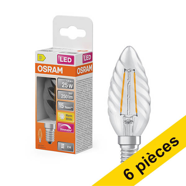 Offre : 6x Osram ampoule LED E14 | Bougie B35 | Transparent | Filament | 2700K | Dimmable | 1,8W (25W) LOS02101 - 1