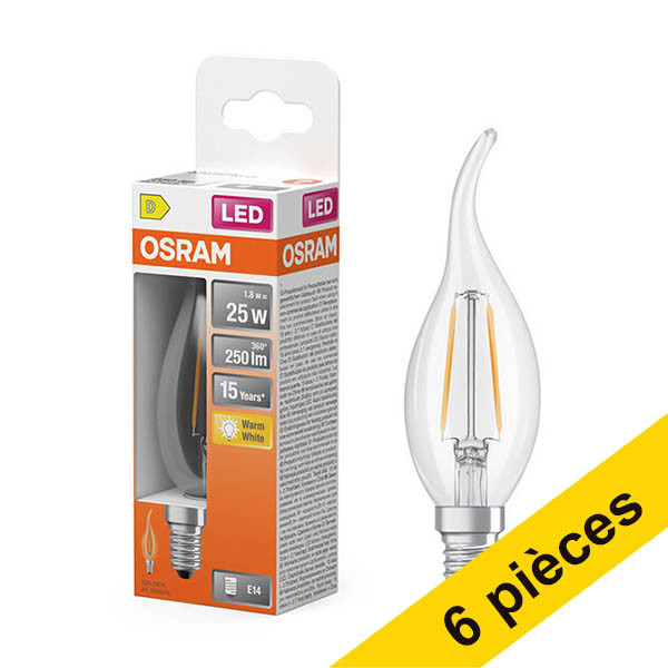 Offre : 6x Osram ampoule LED E14 | Bougie décorative BA35 | Filament | Transparent | 2700K | 1,8W (25W) LOS02139 - 1