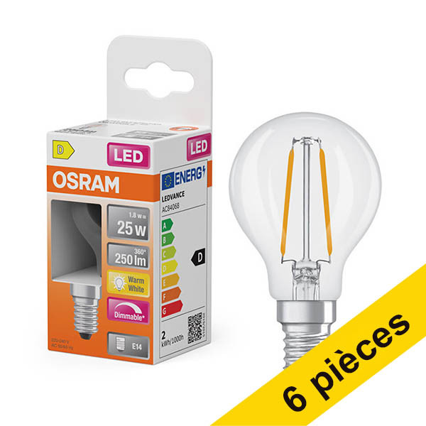 Offre : 6x Osram ampoule LED E14 | Sphérique P45 | Filament | Transparent | 2700K | Dimmable | 1,8 W (25 W) LOS01870 - 1
