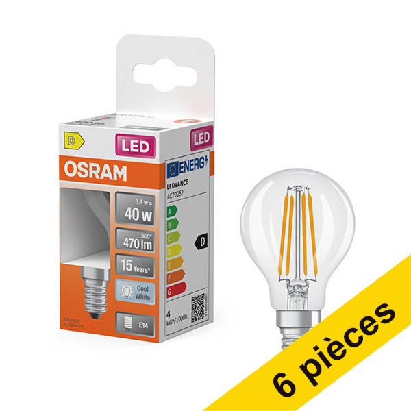 Offre : 6x Osram ampoule LED E14 | Sphérique P45 | Filament | Transparent | 4000K | 3,4W (40W) LOS02169 - 1