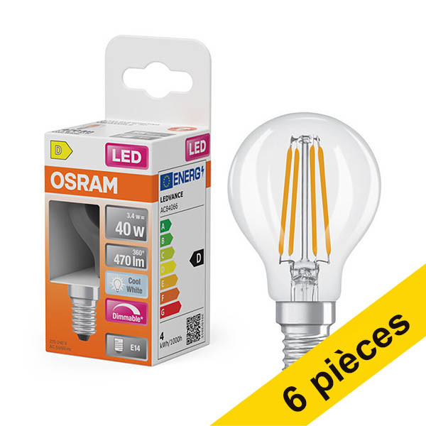 Offre : 6x Osram ampoule LED E14 | Sphérique P45 | Filament | Transparent | 4000K | Dimmable | 3,4W (40W) LOS02161 - 1