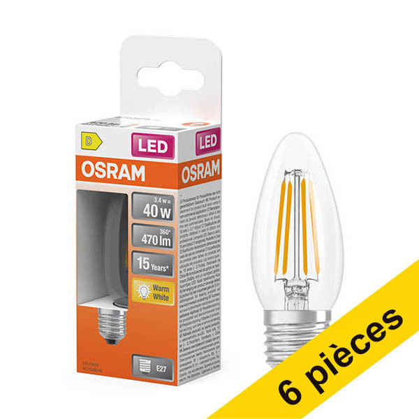 Offre : 6x Osram ampoule LED E27 | Bougie B35 | Filament | Transparent | 2700K | 3,4W (40W) LOS02143 - 1