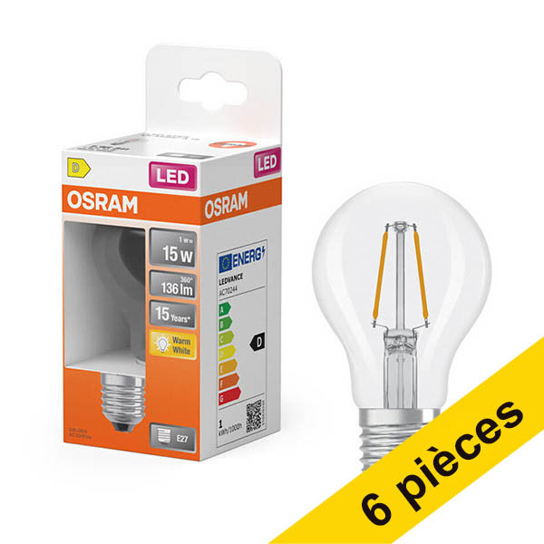 Offre : 6x Osram ampoule LED E27 | Poire A60 | Filament | Transparent | 2700K | 1W (15W) LOS01820 - 1