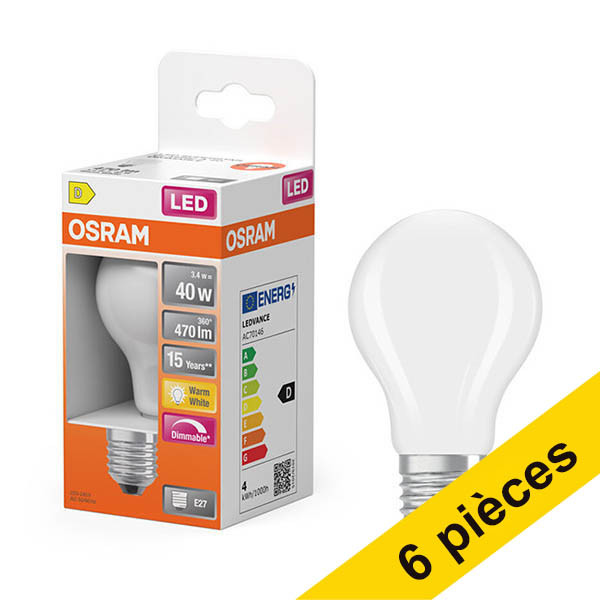 Offre : 6x Osram ampoule LED E27 | Poire A60 | Mat | 2700K | Dimmable | 3,4W (40W) LOS01812 - 1
