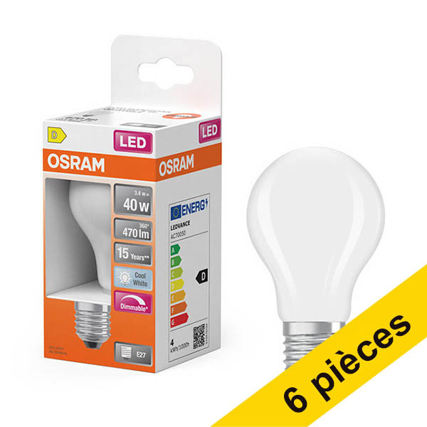 Offre : 6x Osram ampoule LED E27 | Poire A60 | Mat | 4000K | Dimmable | 3,4W (40W) LOS01814 - 1