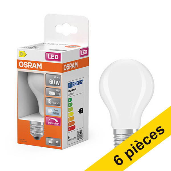 Offre : 6x Osram ampoule LED E27 | Poire A60 | Mat | 4000K | Dimmable | 5,9W (60W) LOS01818 - 1