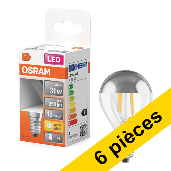 Offre : 6x ampoules LED Osram E14 | Boule P45 | Filament | Miroir supérieur | Argent | 2700K | 4W (31W) LOS01692 - 1