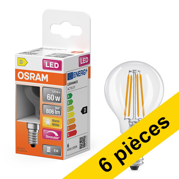 Offre : 6x ampoules LED Osram E14 | Boule P45 | Filament | Transparent | 2700 K | Dimmable | 5,9 W (équivalent 60 W) LOS01224 - 1