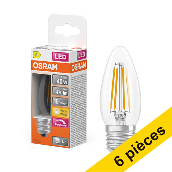 Offre : 6x Osram ampoule LED E27 | Bougie B35 | Filament | Transparent | 2700K | Dimmable | 3,4W (40W) LOS02131 - 1