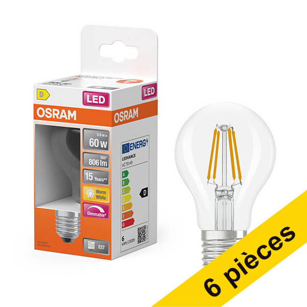 Offre : 6x Osram ampoule LED E27 | Poire A60 | Filament | 2700K | Transparent | Dimmable | 5,9W (60W) LOS01808 - 1