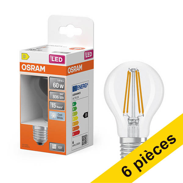 Offre : 6x Osram ampoule LED E27 | Poire A60 | Filament | Transparent | 4000K | 5,9W (60W) LOS01830 - 1