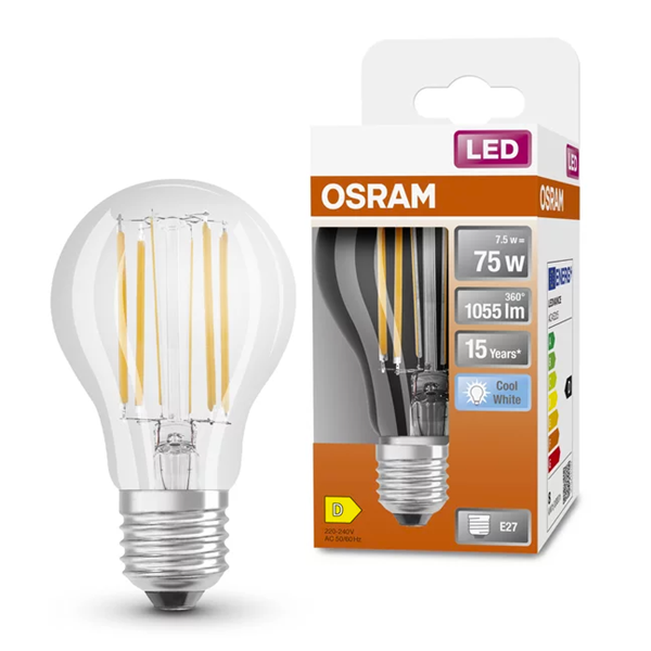 Osram ampoule LED E27 | Poire A60 | Filament | Transparent | 4000K | 7,5W (équivalent 75W) LOS00082 - 1