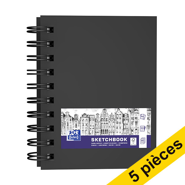 Offre: 5x Oxford bloc de croquis à spirale couverture rigide A6 100 g/m² (80 feuilles) - noir 237653 - 1