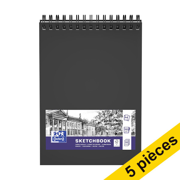 Offre : 5x Oxford bloc de croquis à spirale couverture rigide A4 100 g/m² (50 feuilles) - noir 237652 - 1