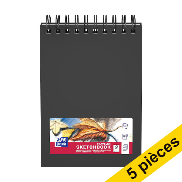 Offre : 5x Oxford bloc de croquis à spirale couverture rigide A5 225 g/m² (40 feuilles) - noir 237651 - 1