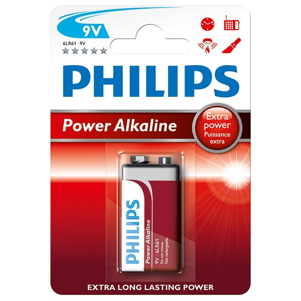 Philips Power Alcaline 6LR61 9V E-Block pile 6LR61P1B/10 098306 - 1