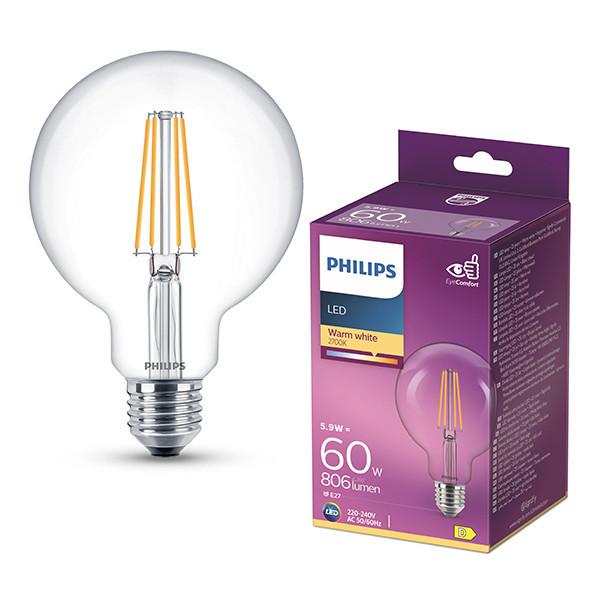 Philips ampoule LED E27 | Globe G95 | Filament | Transparent | 2700K | 5,9W (60W) LPH04251 - 1