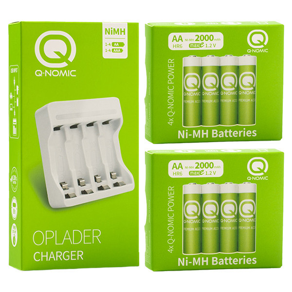 Q-Nomic Power piles rechargeables AA / HR6 Ni-MH avec chargeur inclus (8 pièces, 2000 mAh) AQN00096 - 1