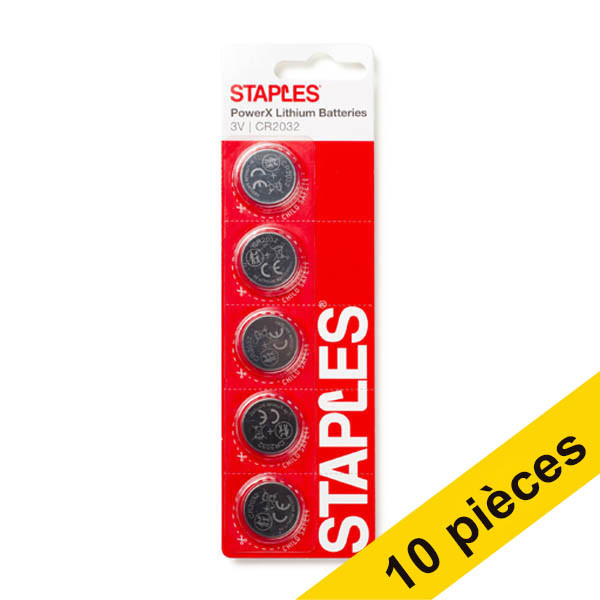 Offre : 10x Staples PowerX CR2032 piles bouton au lithium 5 pièces 390696 - 1