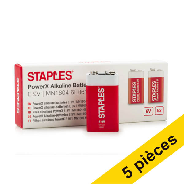 Offre : 5x Staples PowerX 6LR61 piles 9V E-Block 5 pièces 390695 - 1