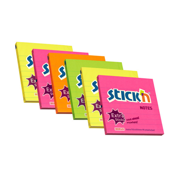Stick'n bloc-notes extra collant ligné 101 x 101 mm (6 pièces) - fluo EH7672 201767 - 1