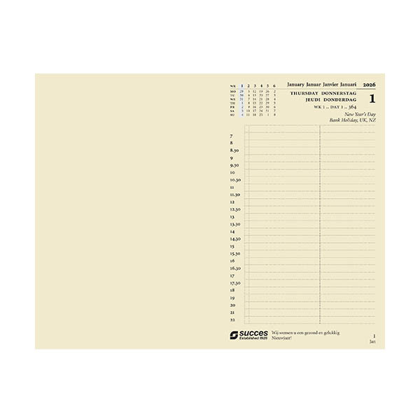 Success Junior agenda journalier avec répartition par demi-heure 2026 recharge (1 jour par page) 4 langues - crème 262580 - 2