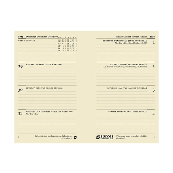 Success Junior agenda semainier 2026 recharge (1 semaine sur 2 pages) 4 langues - crème 262581 - 2