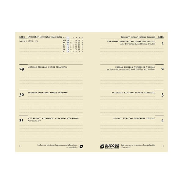 Success Senior agenda semainier 2026 recharge (1 semaine sur 2 pages) 4 langues - crème 262588 - 2