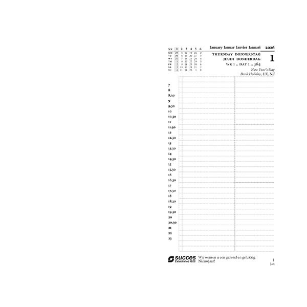Success Standard agenda journalier avec répartition par demi-heure 2026 recharge (1 jour par page) 4 langues - blanc 262589 - 2