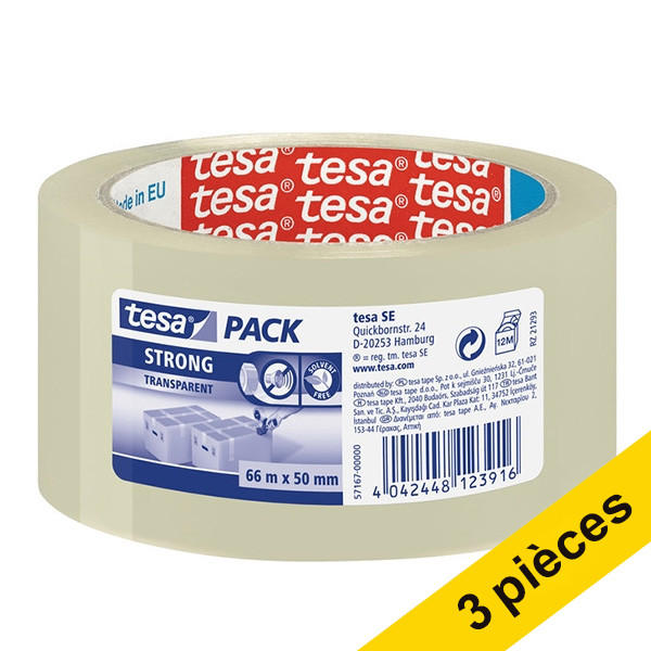 Tesa Offre : 3x Tesa Pack Strong ruban adhésif d'emballage 50 mm x 66 m (1 rouleau) - transparent 57167-00000-05-3 202362 - 1