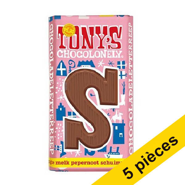 Offre : 5x Tony's Chocolonely lettre S en chocolat au lait au pain d'épices et de petites guimauves 180g 200341 - 1