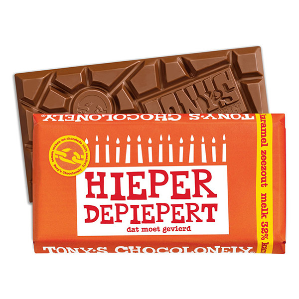 Tony's Chocolonely barre de chocolat au lait caramel sel de mer « hieper de pieper » 180 grammes 17426 423291 - 2