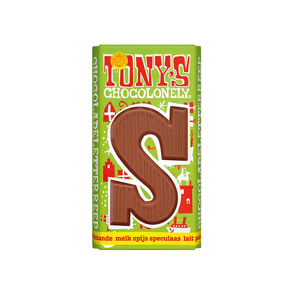 Tony's Chocolonely lettre S en chocolat au lait au spéculoos et pâte d'amande 180g 200283 - 1