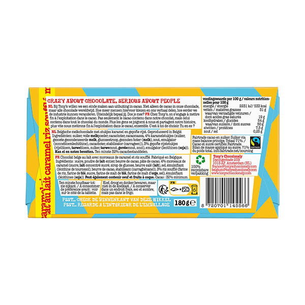 Tony's Chocolonely tablette de chocolat au lait caramel rice crisp 180 grammes 137224 - 3