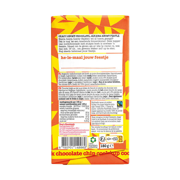 Tony's Chocolonely tablette de chocolat au lait cookies au pépites de chocolat félécitations (180 grammes) 137226 - 3