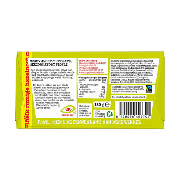 Tony's Chocolonely tablette de chocolat au lait noissettes croquantes 180 grammes 137210 - 3