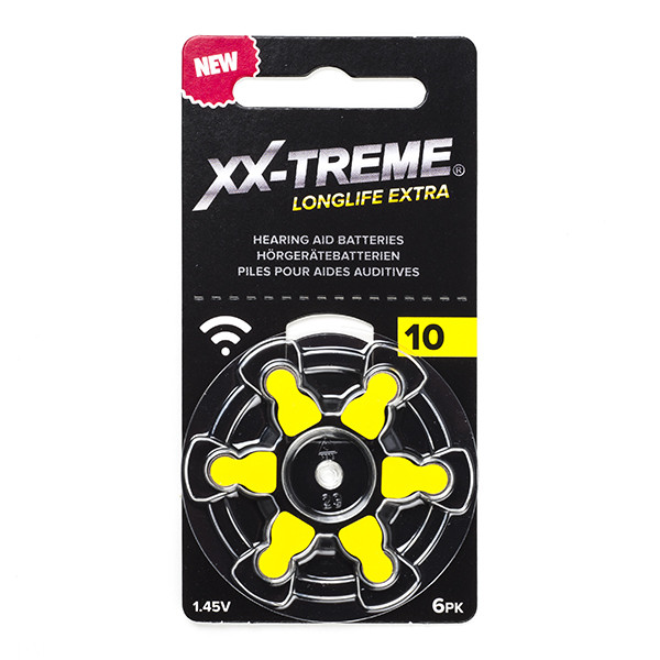 XX-TREME Longlife Extra 10 / PR70 / pile pour aides auditives 6 pièces (marque 123accu) - jaune 10A 10AE 10DS 10HP 10MF A1200021 - 1