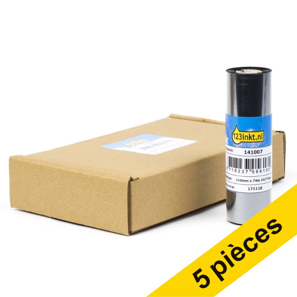 Offre : 5x marque 123encre remplace Zebra 2300 ruban de cire (02300GS11007) 110 mm x 74 m (5 rubans) 650713 - 1