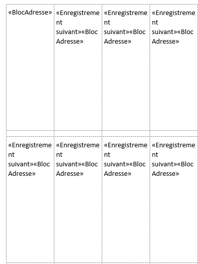 Screenshot van etiketten met de tekst «Volgende record»«Adresblok» in Word