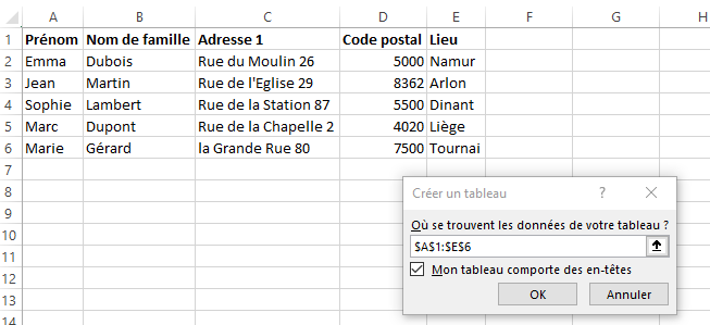 Screenshot van dikgedrukte kolomtitels met daaronder adresgegevens en rechts de optie 'tabel maken' in Excel